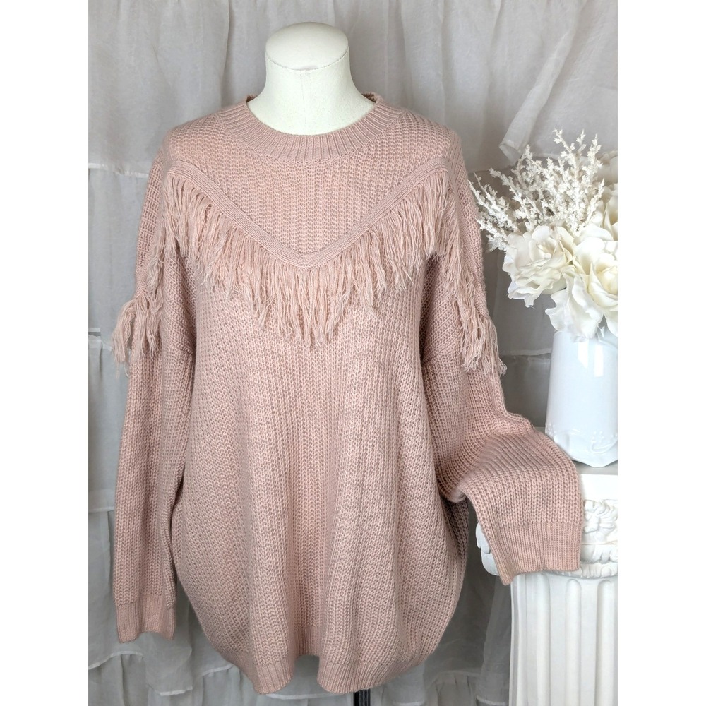 ANDTHEWHY Dusty Pink Fringe Long Sleeve Boxy Oversized Sweater Size M/L - Picture 2 of 8